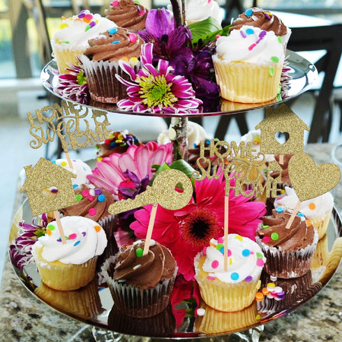 Zonon 55 Piece Home Sweet Home Cupcake Topper, Gold Glitter, New House Welcome Party