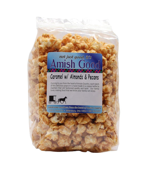 Amish Good Premium Caramel Popcorn with Almond and Pecans, Real Butter and Coconut Oil, 12 Ounce Bag