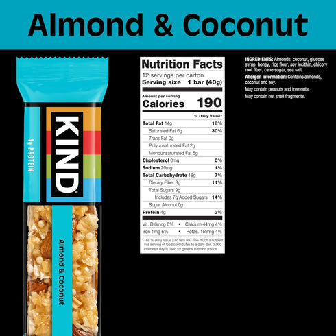 4g 12 Count KIND Healthy Snacks Bars, Almond & Coconut, Gluten Free, Low Sodium Snacks, Protein