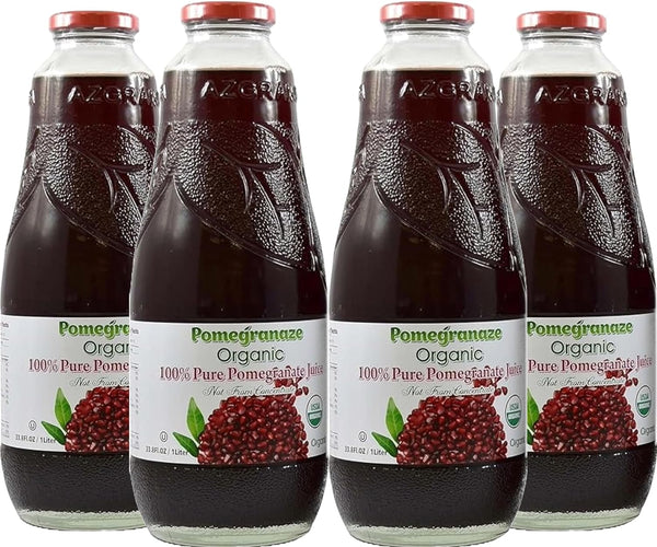 Pomegranaze 100% Organic Pomegranate Juice, 33.8 Oz Glass Bottle (4 Pack) No Sugar,