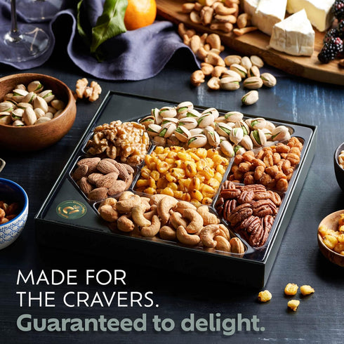 7 Assorted Nuts Gift Basket - Nut Gift Box with Walnuts, Cashews, Corn Nuts, Honey Roasted Peanuts, Pistachios, Pecans
