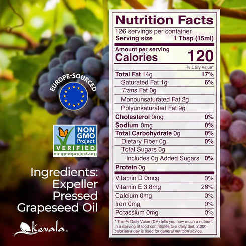 64 oz Kevala Grapeseed Oil - Nutritious Oil Great for Cooking and Beauty, Made with Carefully Selected Grapes, Perfect