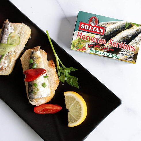 100% 4.37oz Sultan Moroccan Season Sardines in Olive Oil, All-Natural, High Protein, No Additives, No Preservatives