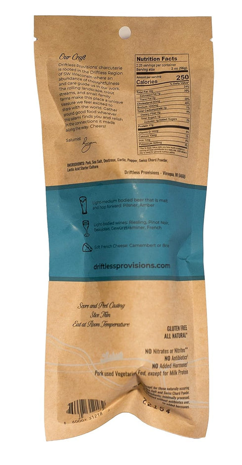 Driftless Provisions 4.5 oz Artisanal Saucisson Sec Uncured Dry Salami - Naturally Fermented - Nitrate and Nitrite