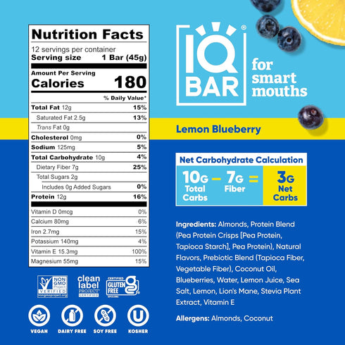 12 Count IQBAR Clean Plant Protein Bars - Almond Butter Chip and Lemon Blueberry Bundle - Keto, Vegan, High Fiber
