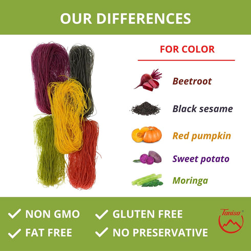 TANISA 5 Natural Vegetable Color Vermicelli Rice Noodles, Gluten Free Ramen Noodles, Non GMO, Low Carb, 8.8 oz