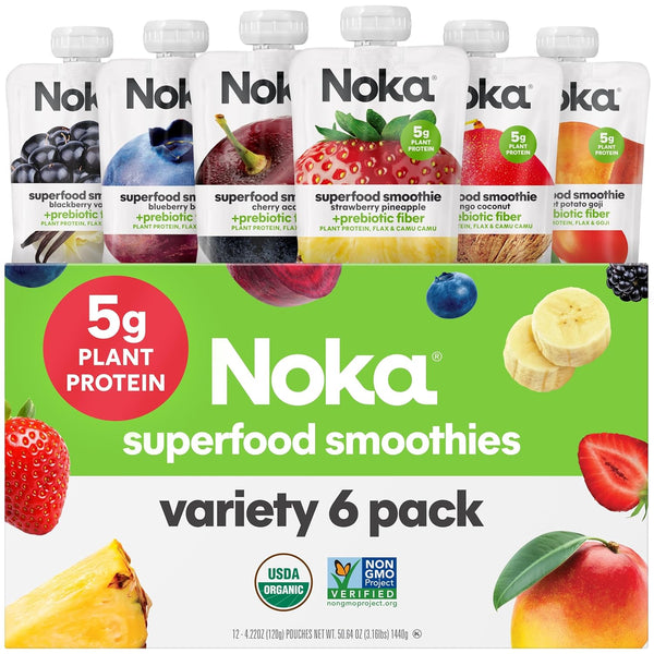 Noka Superfood Fruit Smoothie Pouches Variety Pack, Healthy Snacks with Flax Seed,