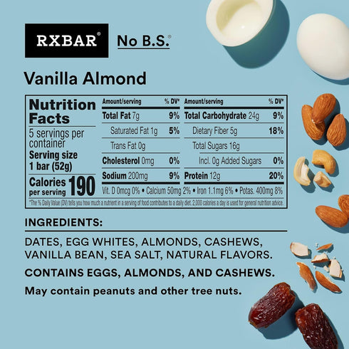 12g (6 30 RXBAR Protein Bars, Protein, Gluten Free Snacks, Vanilla Almond Boxes, Bars)