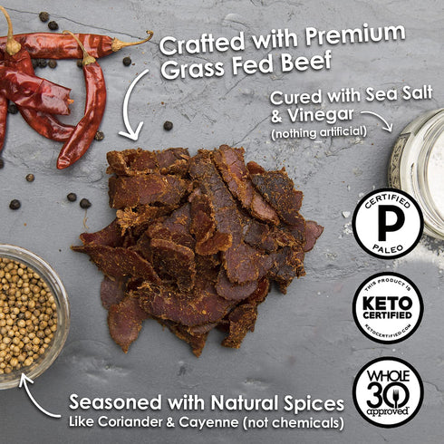 Ayoba Spicy Grass Fed Beef Biltong Slices - 4 Ounce, Pack of 1 - Keto Friendly Air-Dried Grass Fed Beef Snacks