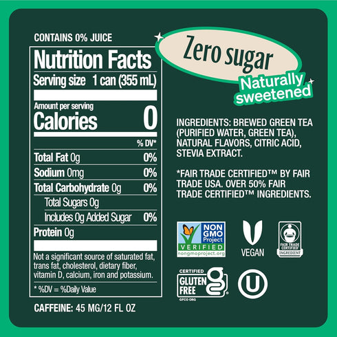 12 oz (12-Pack) Zevia Zero Sugar Tea, Green Tea, Cans Naturally Sweetened, Zero Calorie Sugar Free - Non-GMO Project