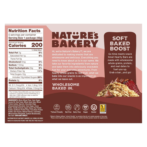 30 Count Natures Bakery Hearty Bars Chocolate Chip, Plant Based Protein Snack Bar