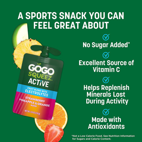 18-Count Pack GoGo squeeZ No Sugar Added Active Fruit Blend with Electrolytes| Variety | Blueberry Strawberry Lemon