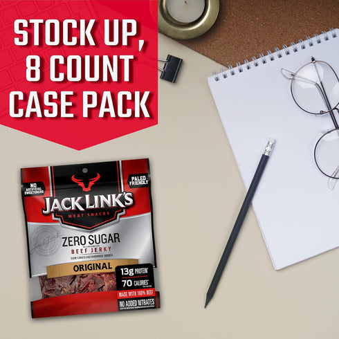 13g 100% 2.3 Oz. (Pack 8) Jack Link's Beef Jerky, Original, Zero Sugar - Flavorful Meat Snacks, Ready to Eat Protein
