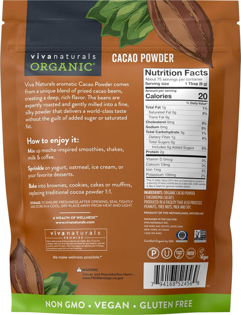 Viva Naturals Organic Cacao Powder, 1lb, Unsweetened Cacao Powder for Baking & Smoothies