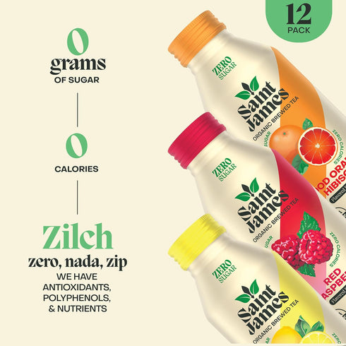 12 Pack (16 oz Saint James Iced Tea - Organic Black Tea - Non GMO, Gluten Free, Zero Calorie & Zero Sugar - Variety