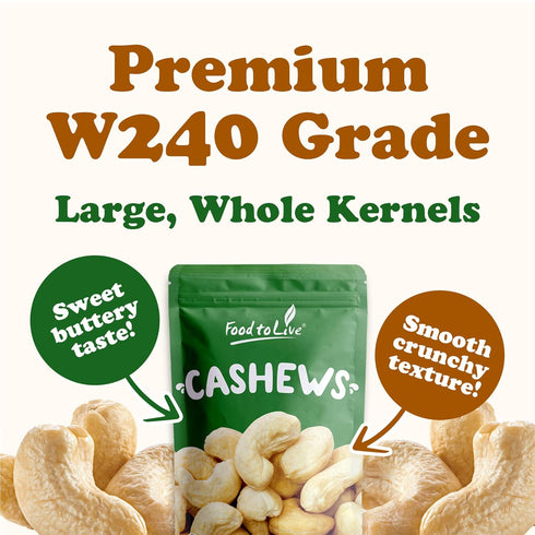 1 W240, Food to Live Cashew Nuts, Pound - Large Size Whole Nuts, Unsalted, Kosher, Raw, Vegan, Bulk