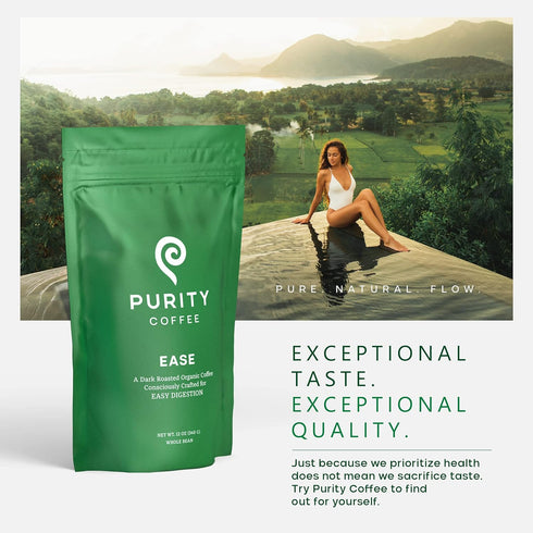 (12oz Purity Coffee EASE Low Acid Dark Roast Whole Bean Bag) | Specialty-Grade USDA Organic Arabica Blend | Third Party