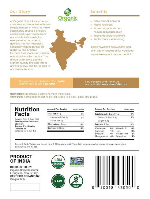 SHOPOSR Organic Garlic Powder | 8 oz (226g) | 100% Raw and Natural | USDA Organic & Non-GMO | Resealable Kraft Bag |