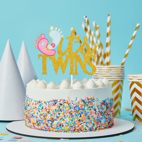 LHCING 1st It's Twins Gender Reveal Cake Topper - Baby Birthday Loveable Gold Glitter Footprints Cake Topper - Gender