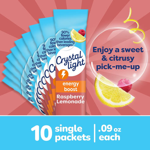 10 On-the-Go-Packets Crystal Light Raspberry Lemonade Energy Boost Drink Mix, ct