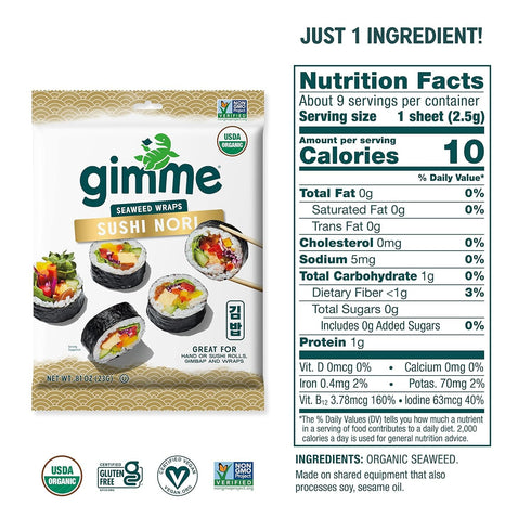 Gimme 0.81 (Pack 1) Seaweed Sushi Nori Premium Organic Roasted Seaweed Sheets, Keto, Vegan, Gluten-Free