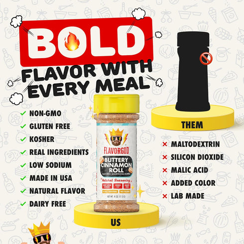 Flavor God Buttery Cinnamon Roll Seasoning Topper Mix, Natural Healthy Blend for Chocolate Donuts, Coffee, Oatmeal,