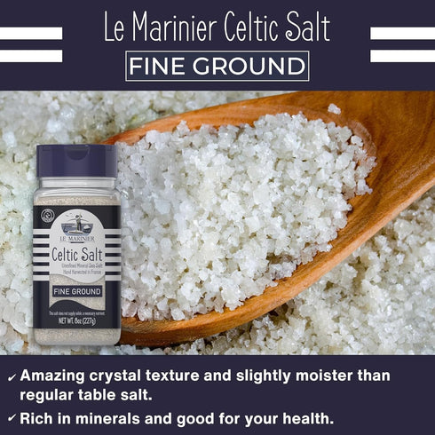 8oz. 100% (8oz Le Marinier Celtic Salt Organic Fine Ground, Mineral Rich Natural and Unrefined. Refillable Salt Shaker.
