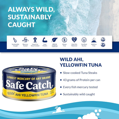 3, Pack 6 Safe Catch Wild Ahi Yellowfin Tuna Fish Canned, Wild Caught, Lowest Mercury, Lean Protein, Omega Gluten-Free