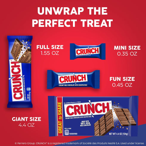 36 1.55 oz CRUNCH Full-Size Candy Bar, Creamy Milk Chocolate with Crunchy Crisped Rice, Individually Wrapped Bars, Each