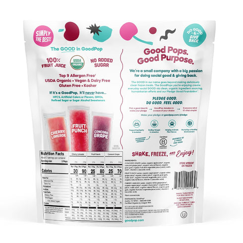 100% 20ct, GoodPop Organic Freezer Pops - Cherry Limeaide, Fruit Punch, Grape, Juice, No Added Sugar - Box