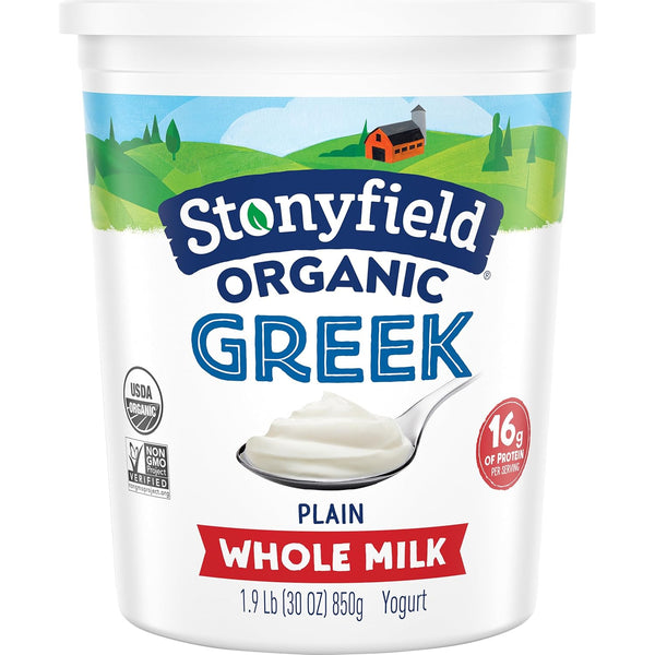 Stonyfield Organic Greek Whole Milk Yogurt, Plain, High in Protein (16g), Multiserving Snack &