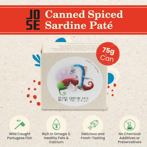 3, 75g Pack 8 Canned Spiced Sardine Pat by Jose Gourmet, Wild Caught Portuguese Sardines, Canned Fish Pat, Omega Fair