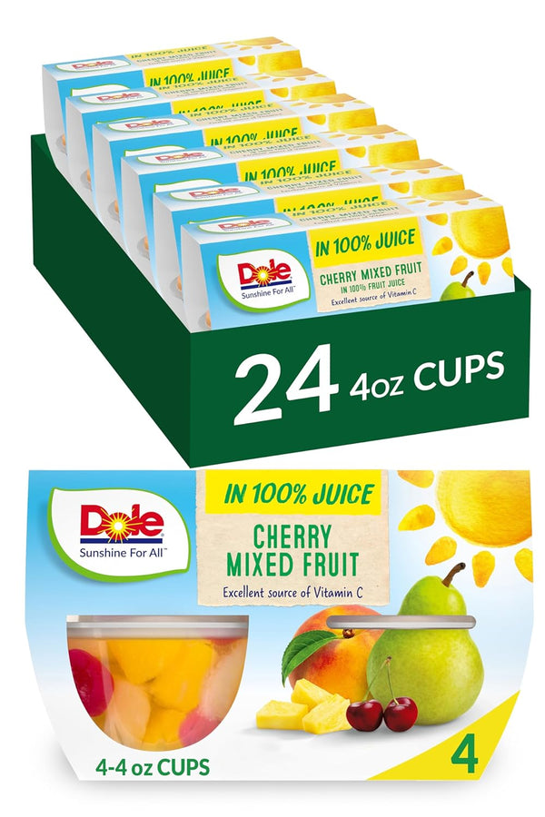 Dole Fruit Bowls Cherry Mixed Fruit in 100% Juice, 4oz, 24 Total Cups, Gluten & Dairy Free Snacks