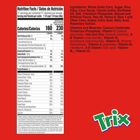 6 23.4 oz Trix Breakfast Cereal, Fruity Shapes, Made with Whole Grain, Giant Size
