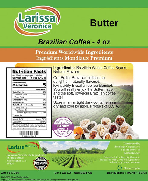 Larissa Veronica (4 oz, 547986) 3 Pack Butter Brazilian Coffee (Gourmet, Naturally Flavored, Whole Coffee Beans) ZIN: