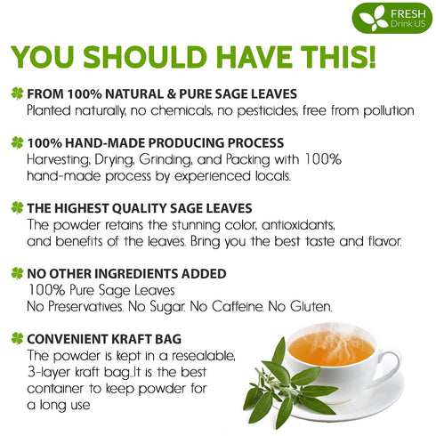 4oz FreshDrinkUS, Sage Leaf Powder Premium Culinary Herb, Pure Ground Sage Leaves for Cooking, Baking & Herbal