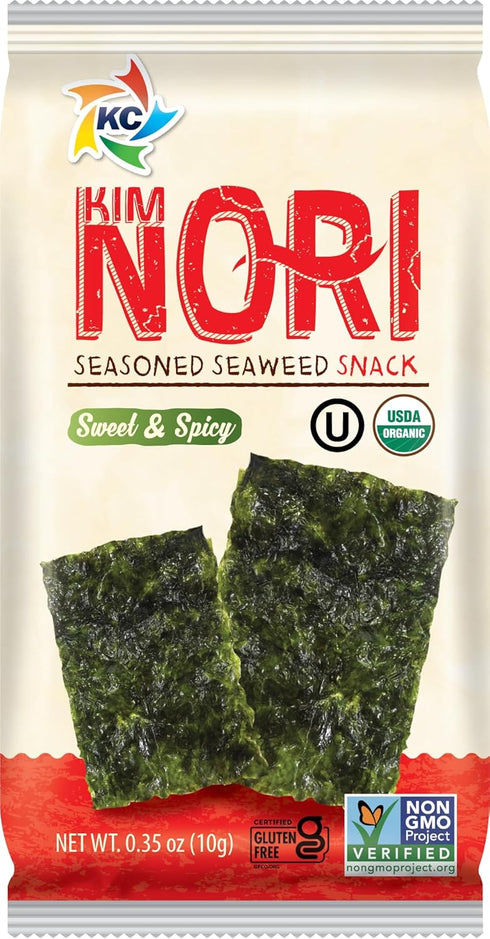 KIMNORI Organic Sweet 'N Spicy Seasoned Seaweed Snacks Sheets, 12 Individual Packs, 4g 100% Natural Laver