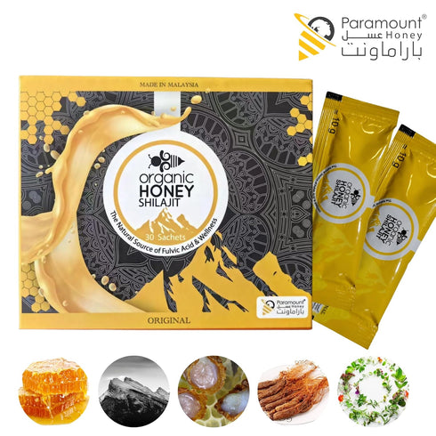 Pack 30 10Gram Paramount Organic Honey with Shilajit - Pure & Natural Jelly, Honey Bee Pollen (Large of Sachets Each)