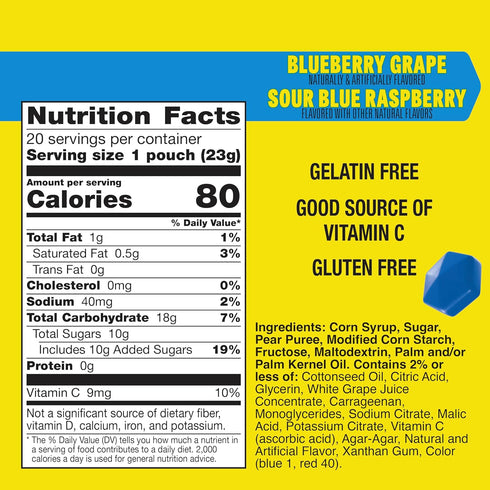 20 Pack, 16 oz Gushers Fruit Flavored Snacks, Blueberry Grape, Sour Blue Raspberry, Pouches, Family