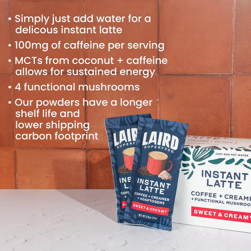 15pk Laird Superfood Instant Latte Sweet & Creamy, Non-Dairy, Superfood Creamer, Gluten Free, Non-GMO, Vegan, Sachets