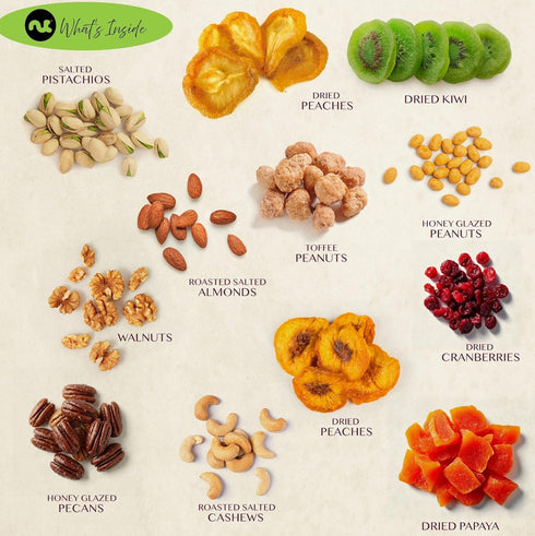 (12 Package, NUT CRAVINGS Gourmet Collection - Happy Birthday Treats, Nuts & Dried Fruits Tower Gift Basket with Bday