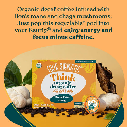 Immune 24 Count Four Sigmatic Decaf Mushroom Coffee K-Cups | Organic Dark Roast Coffee with Lions Mane & Yacon | Focus