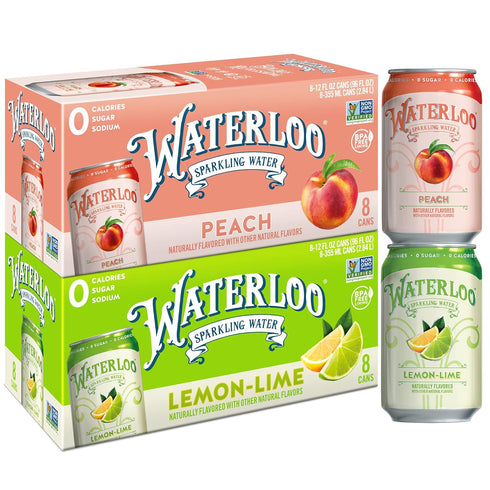Waterloo Sparkling Water Two Flavor Pack, Zero Calories/Sugar/Artificial Sweeteners/Sodium, Lemon-Lime/Peach, 192 Fl