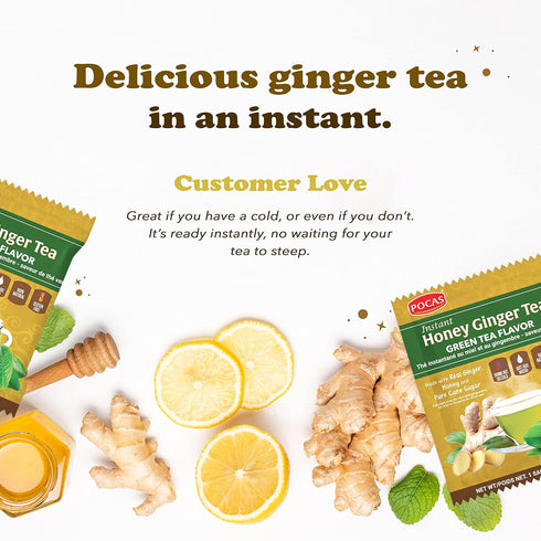 Pocas 20 Packets Honey Ginger Instant Tea Powder, Green Tea Flavor, Ginger Extract & Real Sweetener, per Box