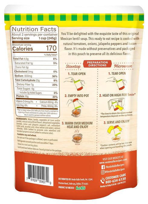 15.2 oz (Pack 1), Verde Valle Original Recipe Lentil Soup Fresh Ready to Eat of Authentic Mexican Prepared Meal, Sopa