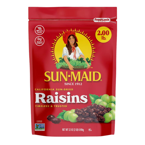 (2 Pack) 32 oz Sun-Maid California Sun-Dried Raisins - Resealable Bag - Dried Fruit Snack for Lunches, Snacks