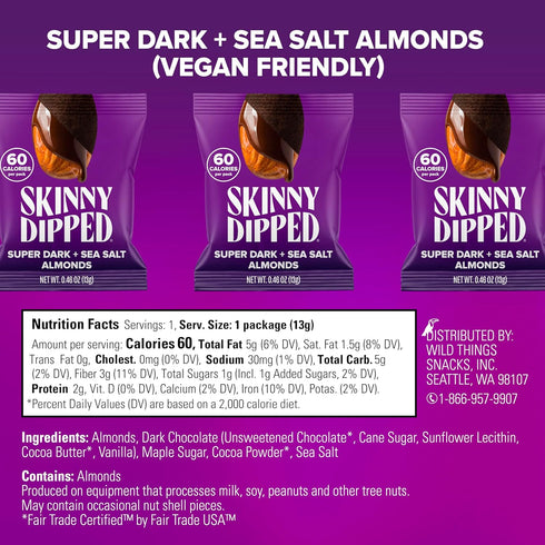 0.46 oz Pack 24 SkinnyDipped Super Dark Chocolate + Sea Salt Almonds, Vegan, Healthy Snack, Plant Protein, Gluten Free