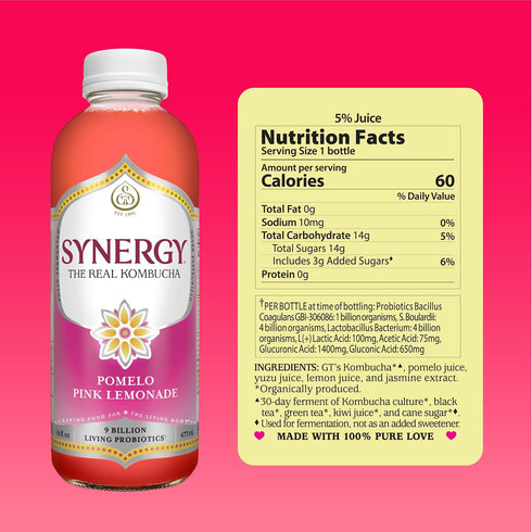 16 oz Immune SYNERGY The Real Kombucha - Pomelo Pink Lemonade - fl Bottle - Raw Probiotic Drink for Gut Health