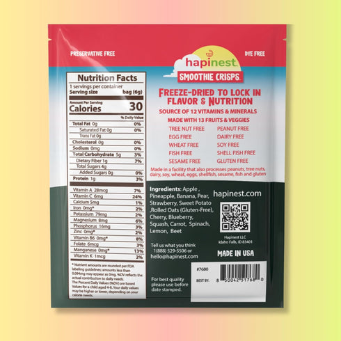 3 12 Pack 3 Hapinest Smoothie Crisps - Freeze-Dried Fruit & Veggie Snacks for Kids Ages Years and Up, Free From Added