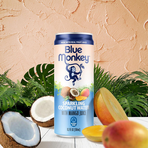 99.7% 11.2oz (330ml) 12-Pack Blue Monkey Sparkling Coconut Water with Mango - Coconut Water & Juice Blend - No Sugar